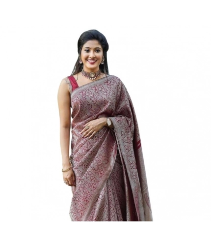 Generic Women's Soft Lichi Silk Printed Saree With Unstitched Blouse 5.5Mtr (Wine)