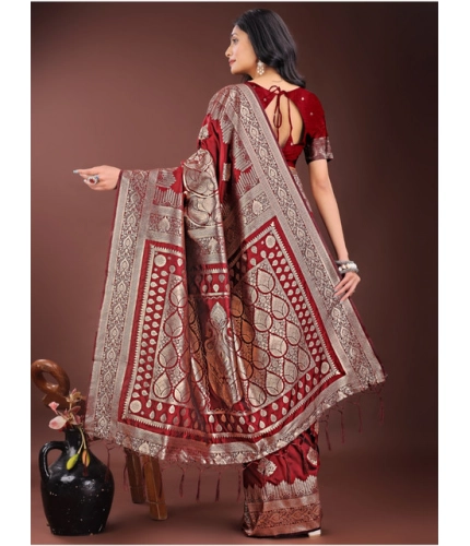 Generic Women's Silk Printed Saree With Unstitched Blouse 5.5Mtr (Maroon)