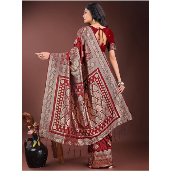 Generic Women's Silk Printed Saree With Unstitched Blouse 5.5Mtr (Maroon)