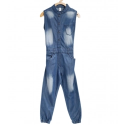 Generic Girl's Denim Embellished Sleeveless Jumpsuit (Blue)