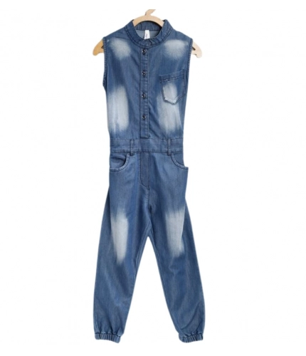 Generic Girl's Denim Embellished Sleeveless Jumpsuit (Blue)