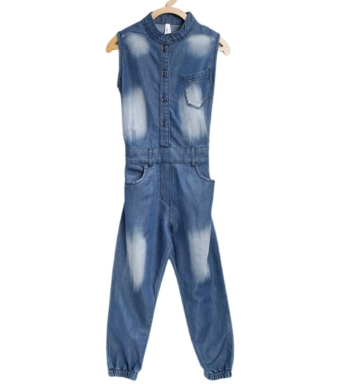 Generic Girl's Denim Embellished Sleeveless Jumpsuit (Blue)
