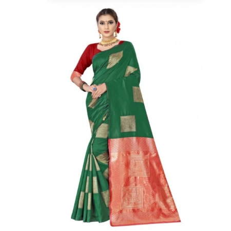 Generic Women's Soft Lichi Silk Printed Saree With Unstitched Blouse 5.5Mtr (Green)