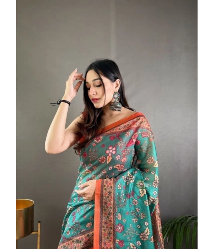 Generic Women's Linen Printed Saree With Unstitched Blouse 5.5Mtr (Olive)