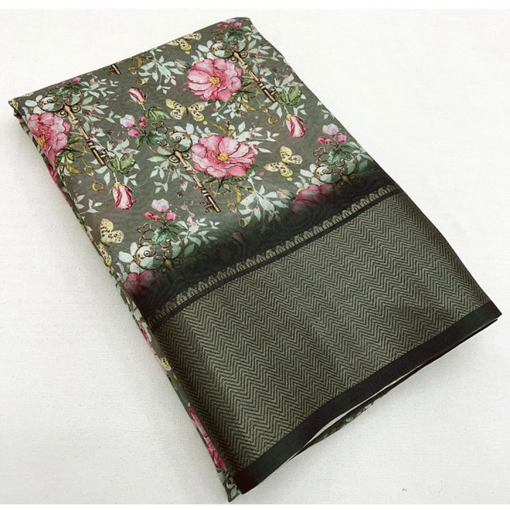 Generic Women's Cotton Silk Floral Printed Saree With Unstitched Blouse 5.5Mtr (Grey)