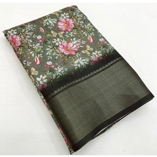 Generic Women's Cotton Silk Floral Printed Saree With Unstitched Blouse 5.5Mtr (Grey)