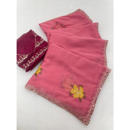 Generic Women's Georgette Embellished Saree With Unstitched Blouse 5.5Mtr (Pink)