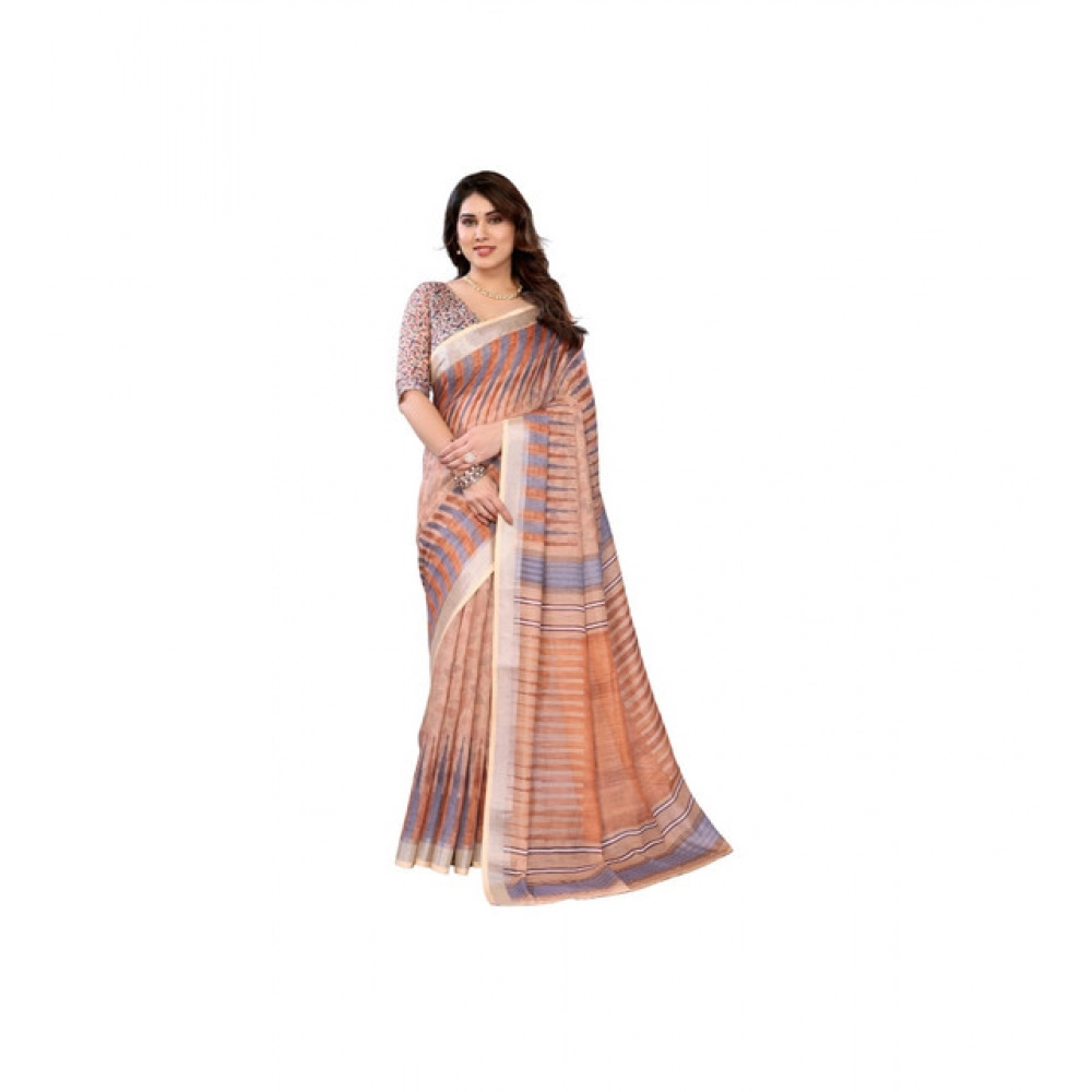 Generic Women's Linen Cotton Printed Saree With Unstitched Blouse 5.5Mtr (Brown) Generic Women's Linen Cotton Printed Saree With Unstitched Blouse 5.5Mtr (Brown)