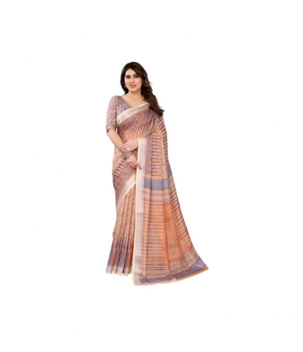 Generic Women's Linen Cotton  Printed Saree With Unstitched Blouse 5.5Mtr (Brown)
