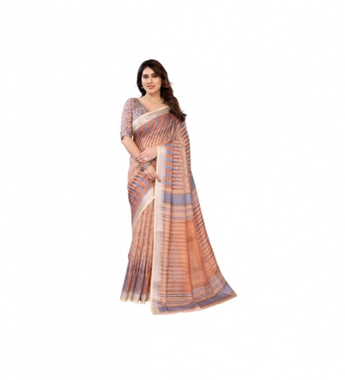 Generic Women's Linen Cotton  Printed Saree With Unstitched Blouse 5.5Mtr (Brown)
