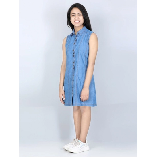 Generic Girl's Denim Solid Cold Shoulder Dress (Blue) Generic Girl's Denim Solid Cold Shoulder Dress (Blue)