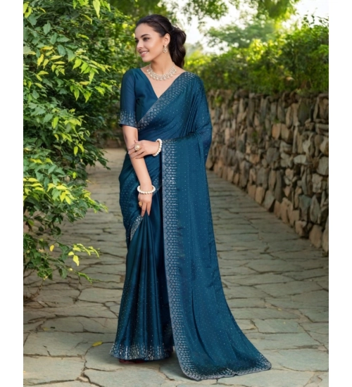Generic Women's Rangoli Diamond Weaving - Stone Work Saree With Unstitched Blouse 5.5Mtr (Teal)