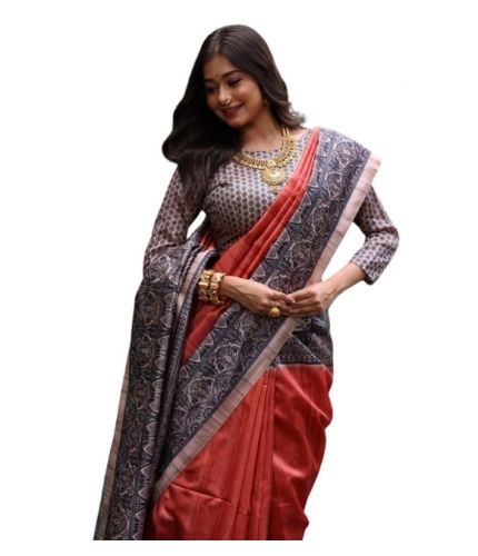 Generic Women's Faux_Tussar Ethnic_Print Saree With Unstitched Blouse 5.5Mtr (Rust)