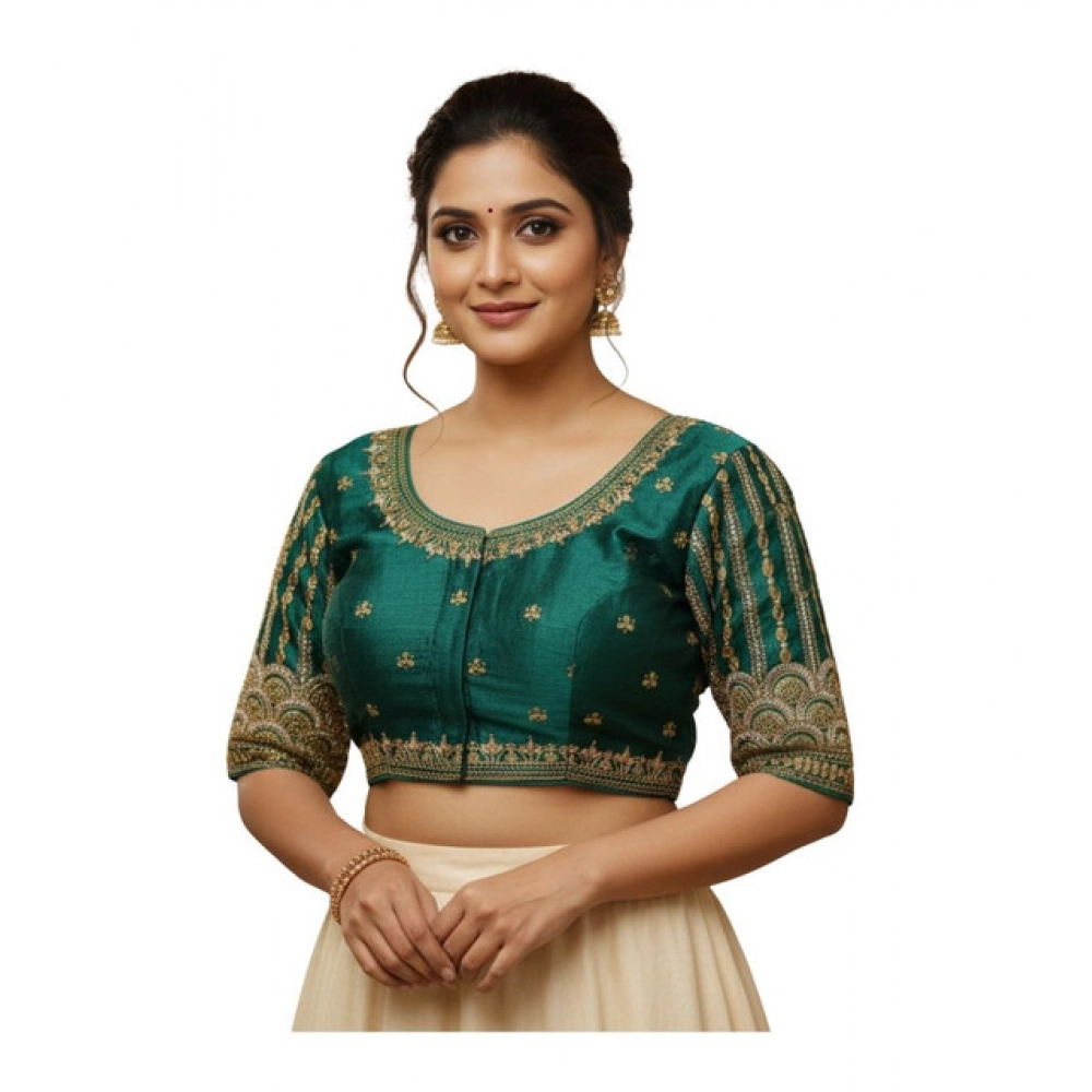 Women's Phantom Silk Embroidered Designer Neck Padded Blouse (Teal 38 Ready (Alterable up to 42)