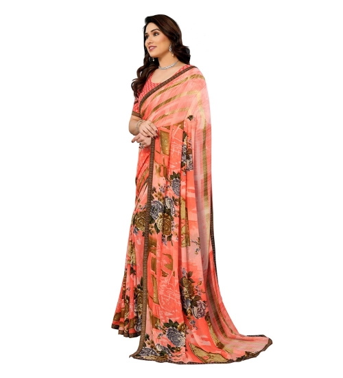 Generic Women's Georgette Printed Saree With Unstitched Blouse 5.5Mtr (Orange)