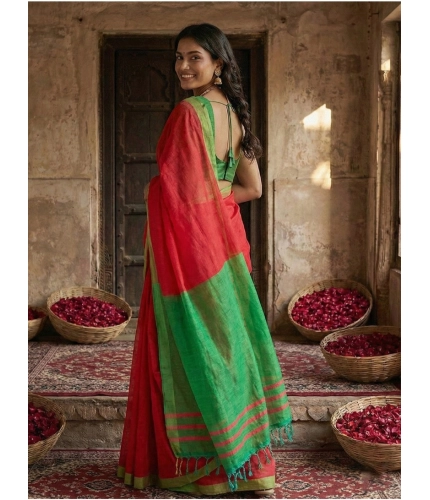 Generic Women's Cotton Printed Saree With Unstitched Blouse 5.5Mtr (Red)