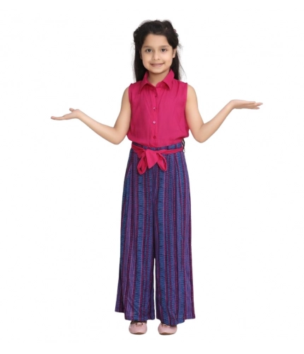 Generic Girl's Rayon Colour Block Sleeveless Jumpsuit (Pink-Blue)