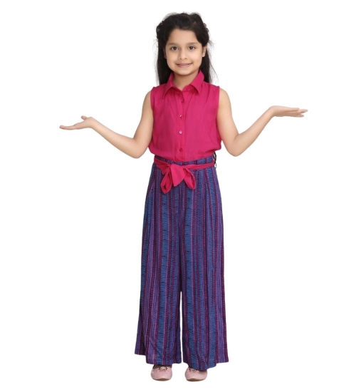 Generic Girl's Rayon Colour Block Sleeveless Jumpsuit (Pink-Blue)