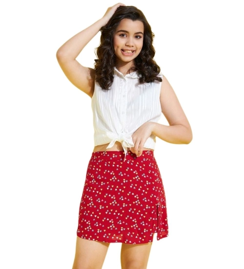 Generic Girl's Polyester Lurex Printed Sleeveless Skorts Set (White-Red)