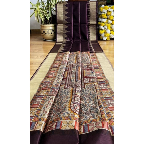 Generic Women's Tussar Silk Madhubani Saree With Unstitched Blouse 5.5Mtr (Coffee)
