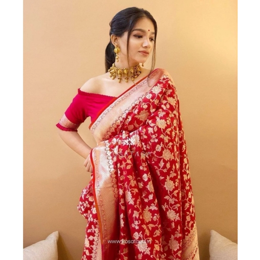 Generic Women's Soft Litchi Silk Jacquard Work Saree With Unstitched Blouse 5.5Mtr (Red) Generic Women's Soft Litchi Silk Jacquard Work Saree With Unstitched Blouse 5.5Mtr (Red)