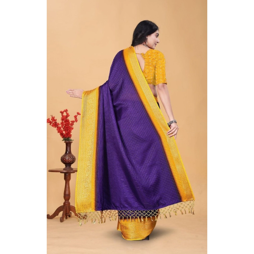Women's Cotton Blend Checkered Saree With Unstitched Blouse 5.5Mtr (Royal Blue)