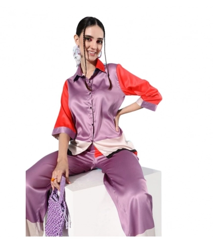 Generic Women's Satin Colour Block Long Sleeves Co-Ord Set (Multicolor)