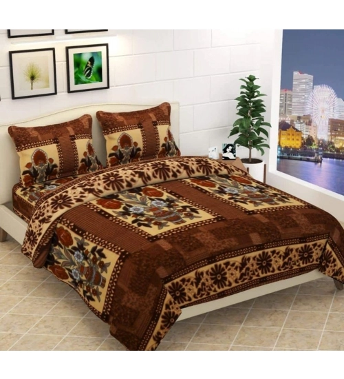 Generic Fleece Floral Printed Double Polar Warm Bedsheet with 2 Pillow Cover (Brown)