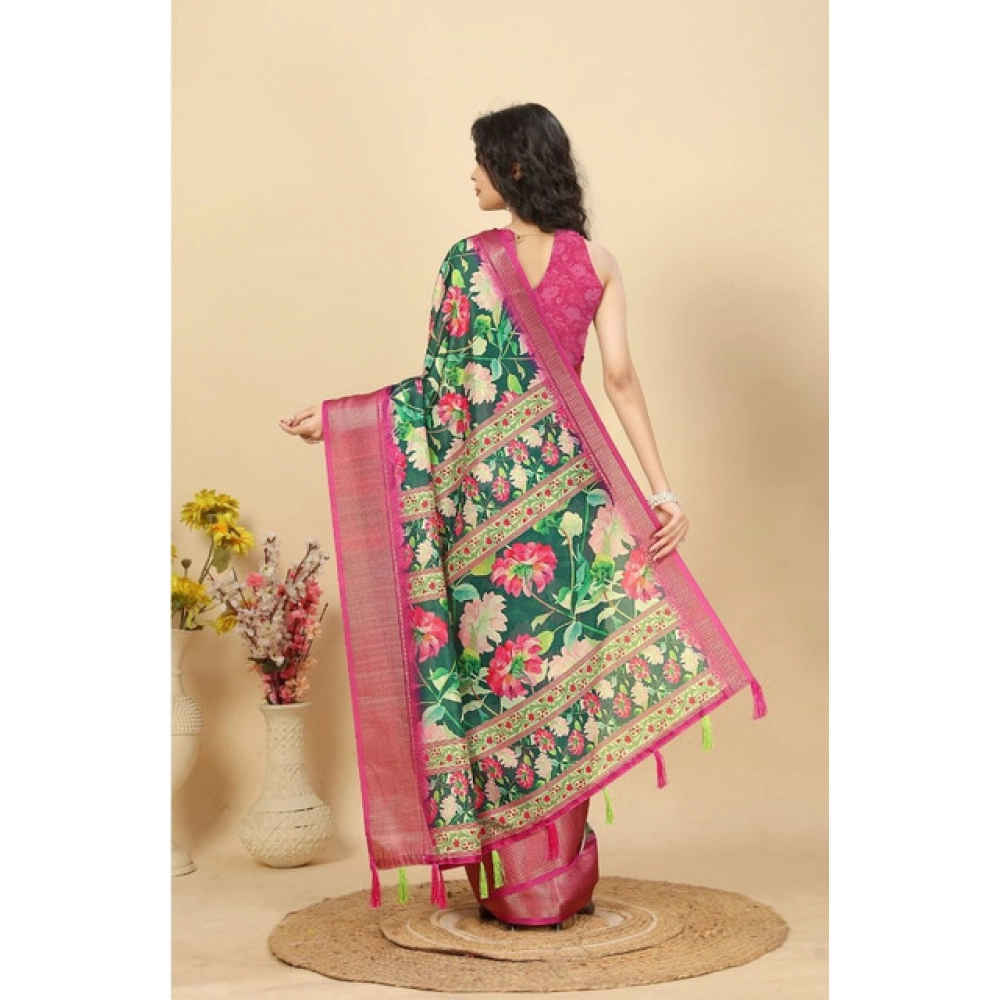 Women's Cotton Silk Floral Printed Saree With Unstitched Blouse 5.5Mtr (Green)