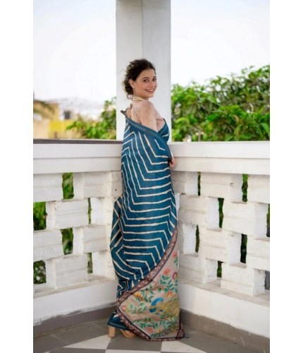Generic Women's Faux_Tussar_Silk Geometric_Print Saree With Unstitched Blouse 5.5Mtr (Blue)