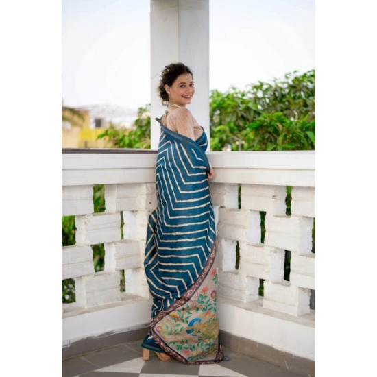 Generic Women's Faux_Tussar_Silk Geometric_Print Saree With Unstitched Blouse 5.5Mtr (Blue) Generic Women's Faux_Tussar_Silk Geometric_Print Saree With Unstitched Blouse 5.5Mtr (Blue)