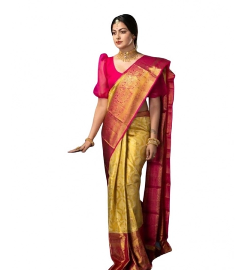 Generic Women's Soft Litchi Silk Jacquard Work Saree With Unstitched Blouse 5.5Mtr (Mustard Yellow)
