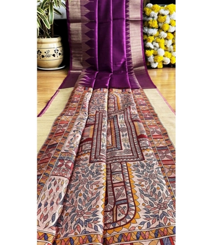 Generic Women's Tussar Silk Madhubani Saree With Unstitched Blouse 5.5Mtr (Purple)