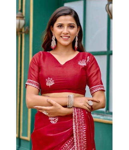 Generic Women's Faux Shimmer Floral Embroidery Ready to wear Saree With Unstitched Blouse 5.5Mtr (Red)