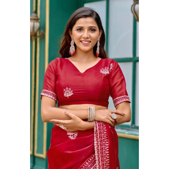 Generic Women's Faux Shimmer Floral Embroidery Ready to wear Saree With Unstitched Blouse 5.5Mtr (Red) Generic Women's Faux Shimmer Floral Embroidery Ready to wear Saree With Unstitched Blouse 5.5Mtr (Red)
