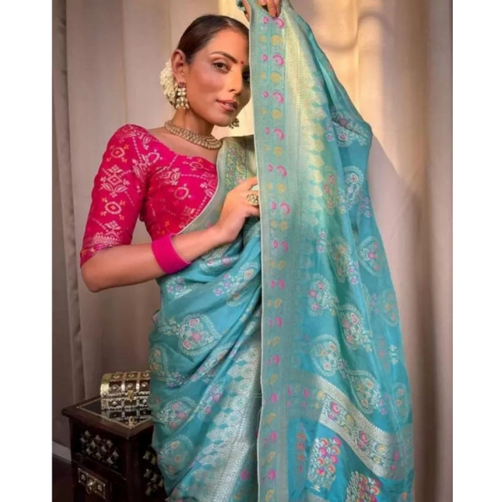 Generic Women's Soft Litchi Silk Jacquard Work Saree With Unstitched Blouse 5.5Mtr (Sky Blue)