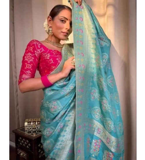 Generic Women's Soft Litchi Silk Jacquard Work Saree With Unstitched Blouse 5.5Mtr (Sky Blue)