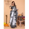 Generic Women's Linen Cotton Printed Saree With Unstitched Blouse 5.5Mtr (White-Black)