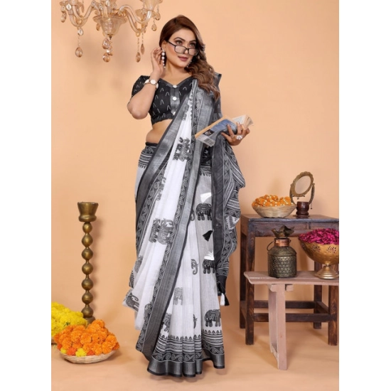 Generic Women's Linen Cotton Printed Saree With Unstitched Blouse 5.5Mtr (White-Black) Generic Women's Linen Cotton Printed Saree With Unstitched Blouse 5.5Mtr (White-Black)