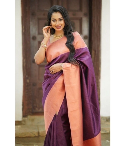 Generic Women's Soft Lichi Silk Printed Saree With Unstitched Blouse 5.5Mtr (Purple)