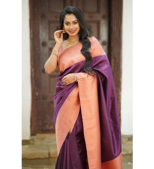 Generic Women's Soft Lichi Silk Printed Saree With Unstitched Blouse 5.5Mtr (Purple)