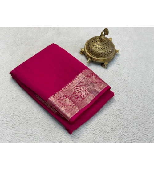 Generic Women's Crepe Chit Pallu Solid Saree With Unstitched Blouse 5.5Mtr (Pink)