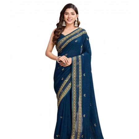 Generic Women's Vichitra Silk Embroidery Work Saree With Unstitched Blouse 5.5Mtr (Teal)