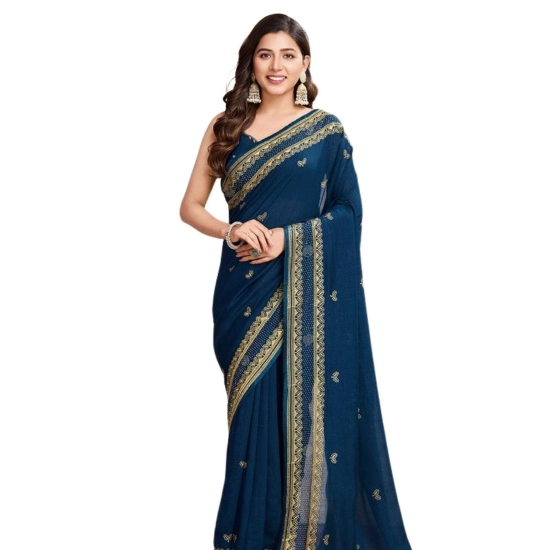 Generic Women's Vichitra Silk Embroidery Work Saree With Unstitched Blouse 5.5Mtr (Teal)