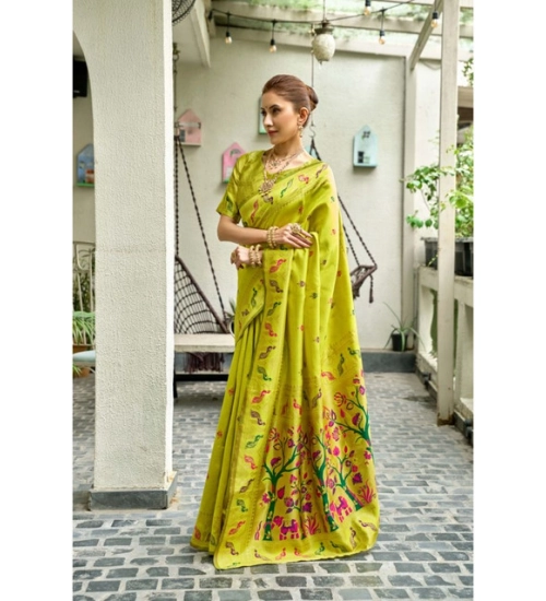 Generic Women's Silk Blend Woven Saree With Unstitched Blouse 5.5 Mtr (Lime)