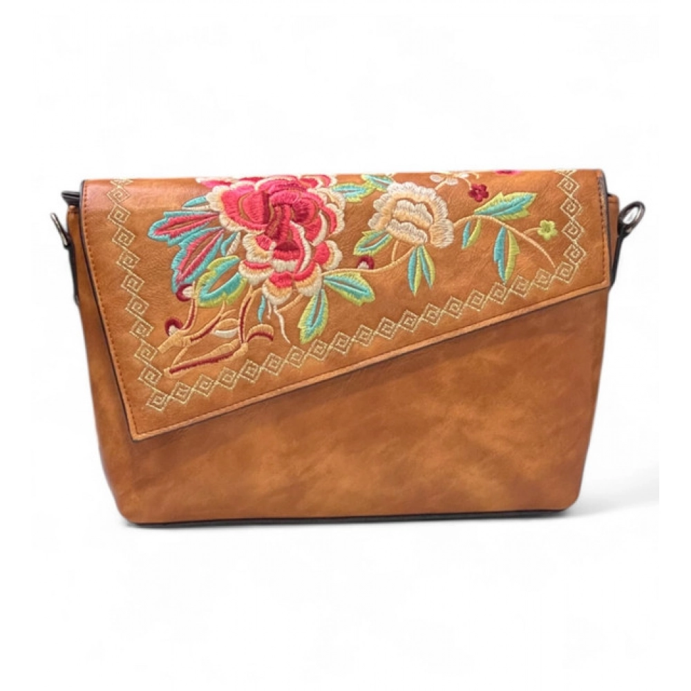 Generic Women's Polyurethane Floral Embroidered Crossbody Sling Bag with Adjustable & Removable Strap (Tan)