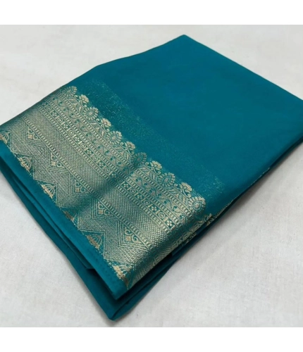 Generic Women's Crepe Chit Pallu Solid Saree With Unstitched Blouse 5.5Mtr (Sky Blue)