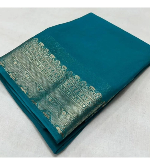 Generic Women's Crepe Chit Pallu Solid Saree With Unstitched Blouse 5.5Mtr (Sky Blue)