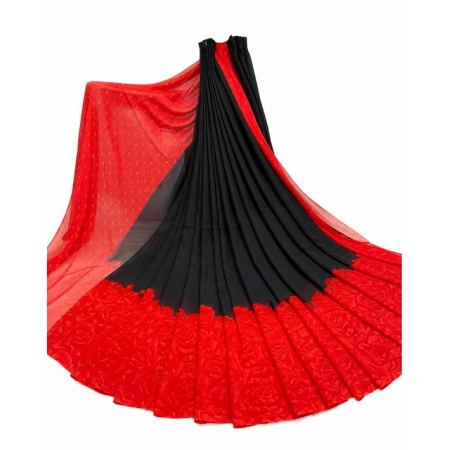 Generic Women's Georgette Printed Saree With Unstitched Blouse 5.5Mtr (Black-Red)
