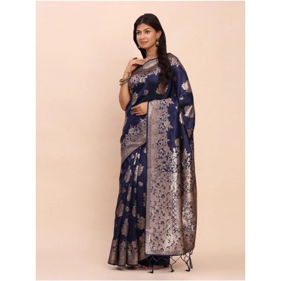 Generic Women's Banarasi Silk Printed Saree With Unstitched Blouse 5.5Mtr (Navy Blue)